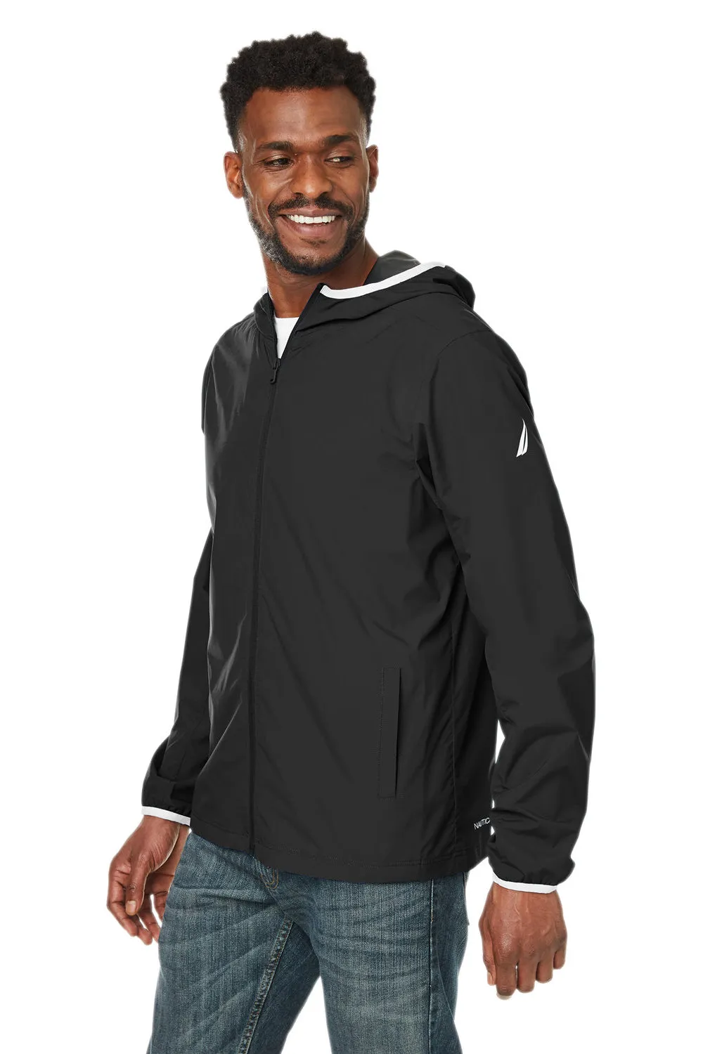 Nautica Mens Stillwater Water Resistant Full Zip Hooded Windbreaker Jacket - Black  BEST on sale Clothing Nautica