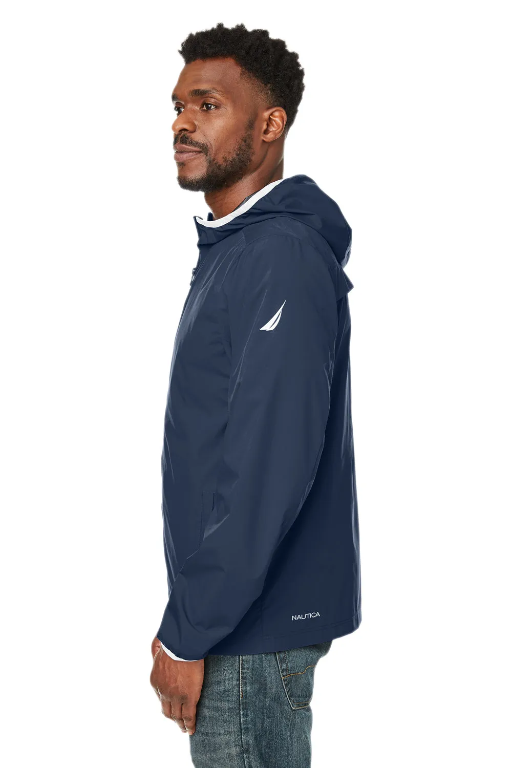 Nautica Mens Stillwater Water Resistant Full Zip Hooded Windbreaker Jacket - Navy Blue