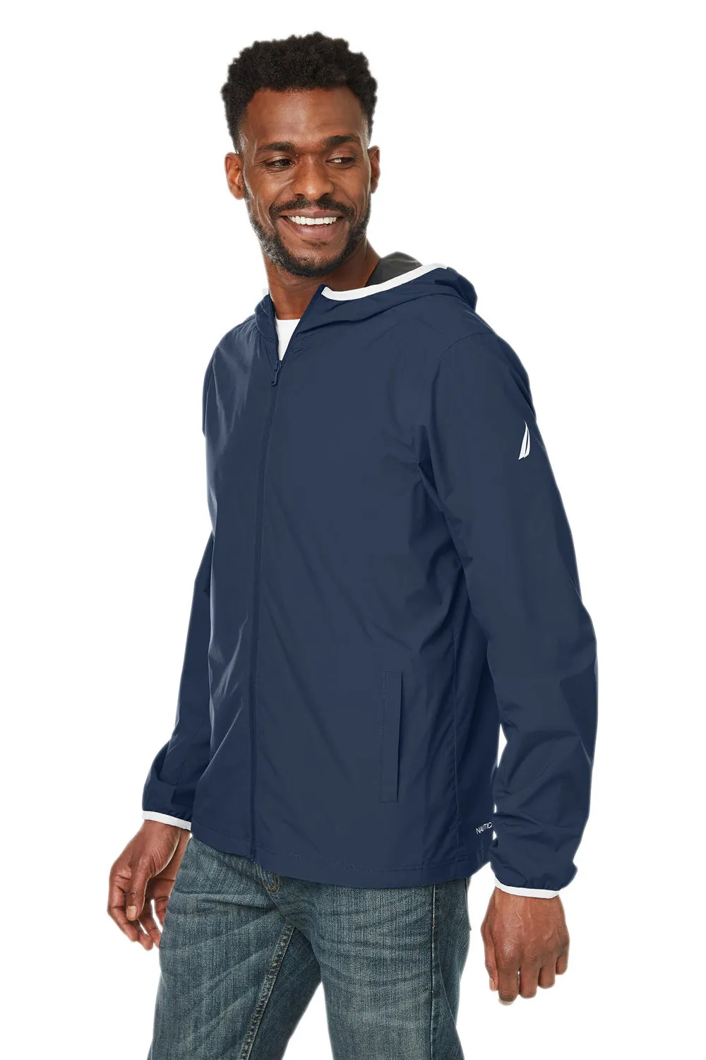 Nautica Mens Stillwater Water Resistant Full Zip Hooded Windbreaker Jacket - Navy Blue