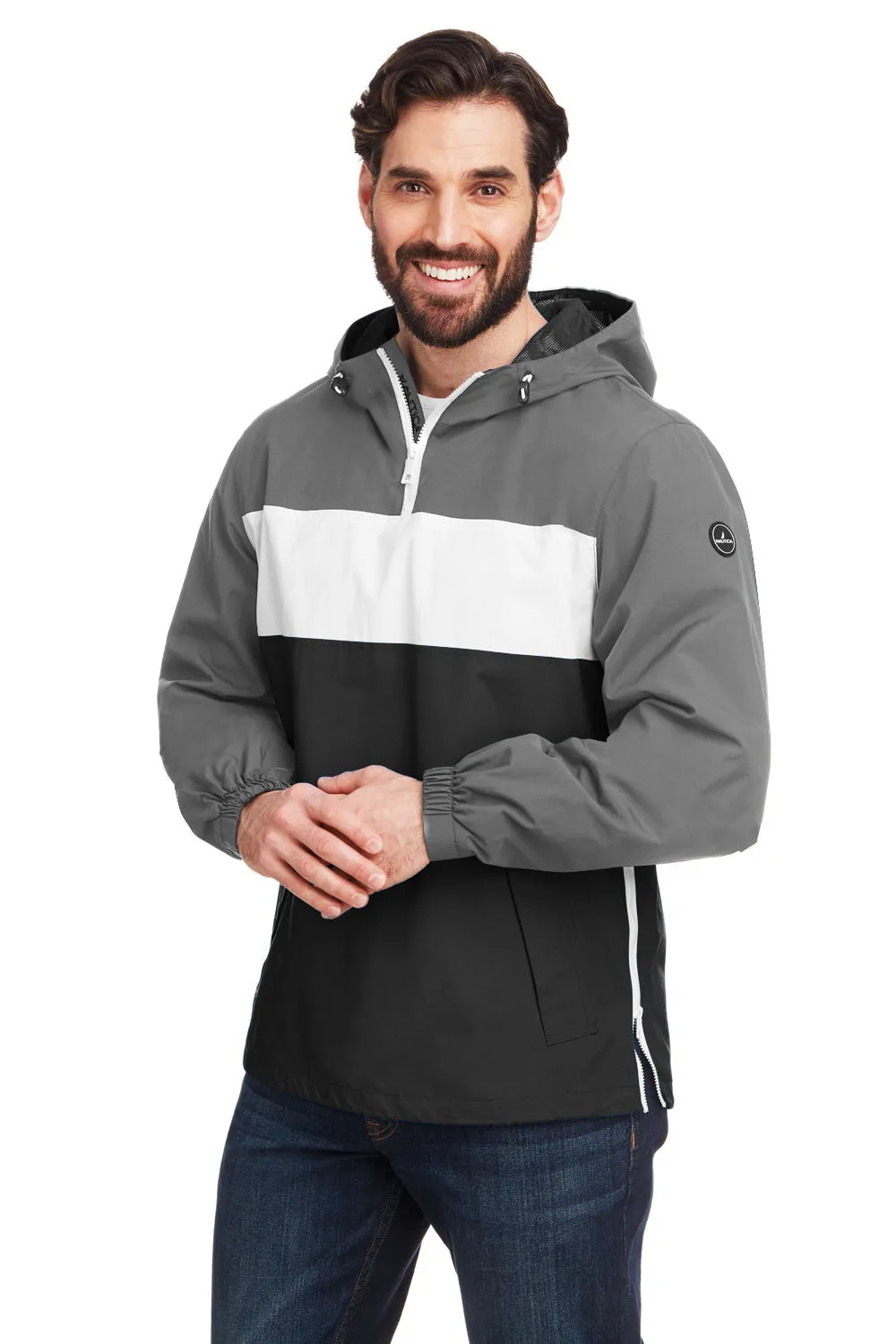Nautica Mens Windward Wind & Water Resistant 1/4 Zip Hooded Jacket - Graphite Grey/Black