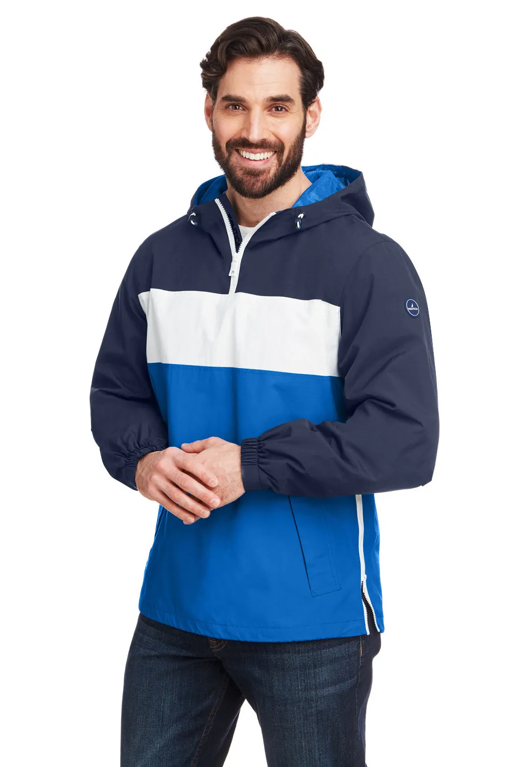 Nautica Mens Windward Wind & Water Resistant 1/4 Zip Hooded Jacket - Navy Blue/Royal Blue  BEST on sale Clothing Nautica