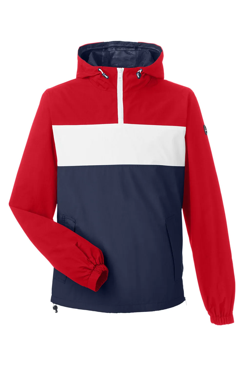 Nautica Mens Windward Wind & Water Resistant 1/4 Zip Hooded Jacket - Red/Navy Blue/White