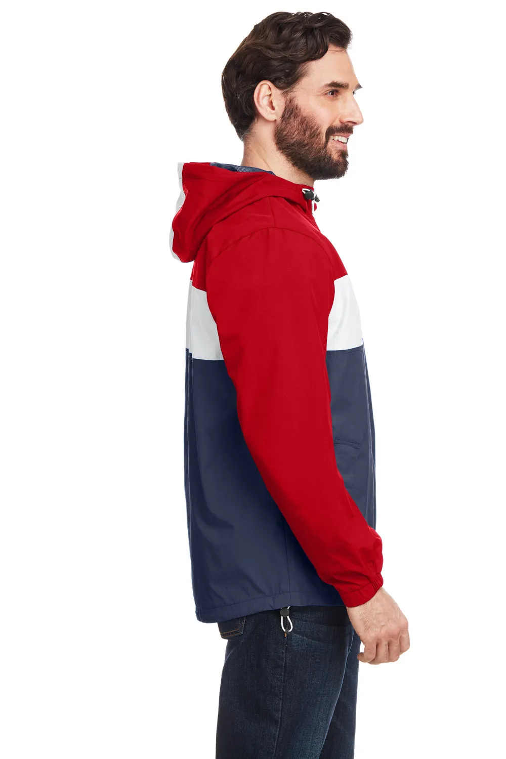 Nautica Mens Windward Wind & Water Resistant 1/4 Zip Hooded Jacket - Red/Navy Blue/White