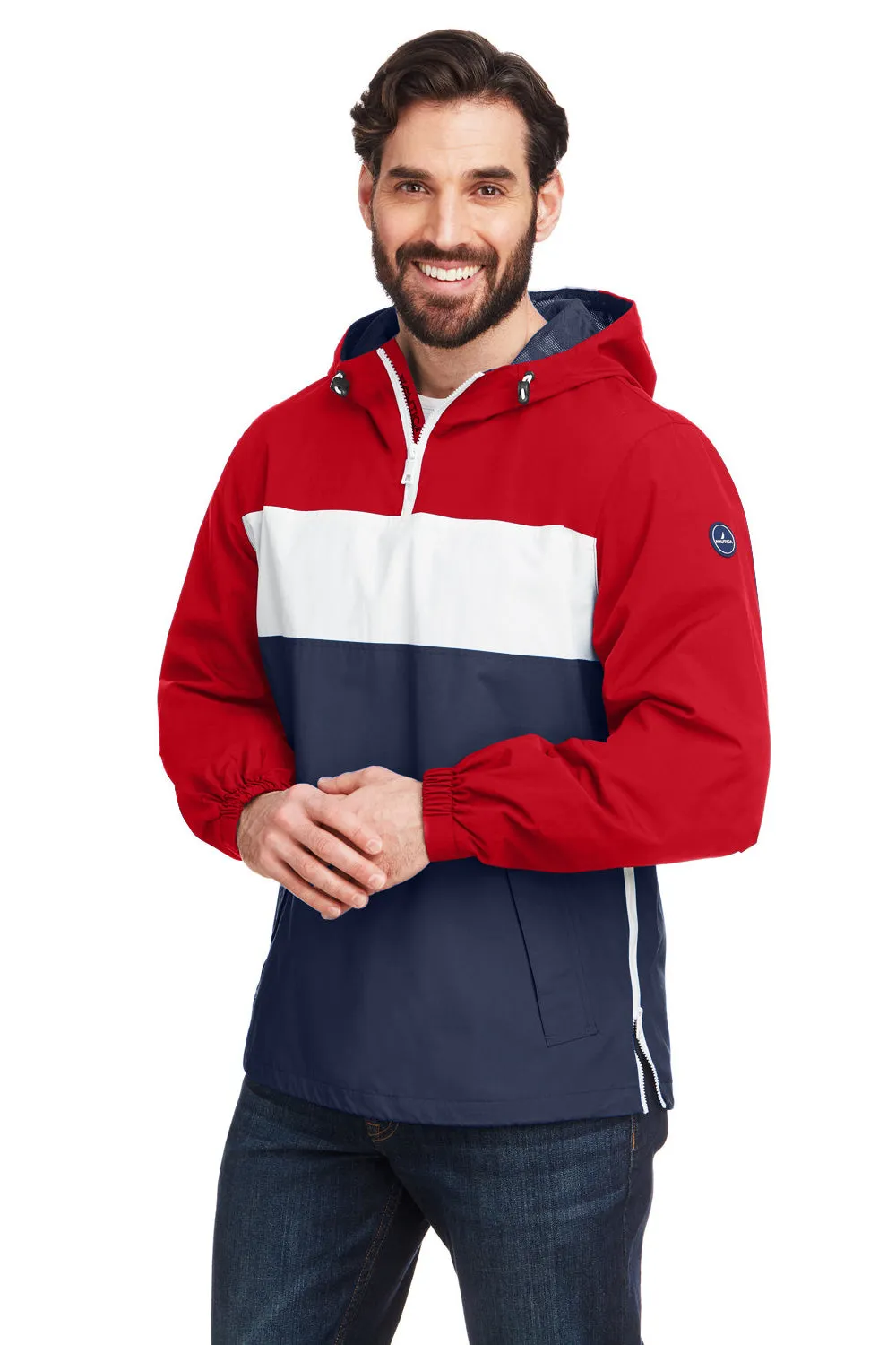 Nautica Mens Windward Wind & Water Resistant 1/4 Zip Hooded Jacket - Red/Navy Blue/White