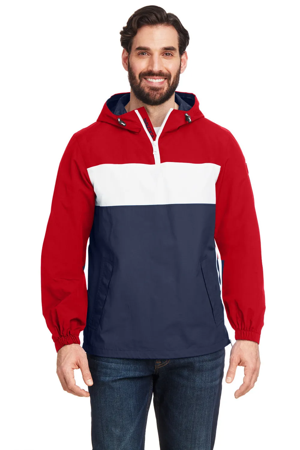 Nautica Mens Windward Wind & Water Resistant 1/4 Zip Hooded Jacket - Red/Navy Blue/White