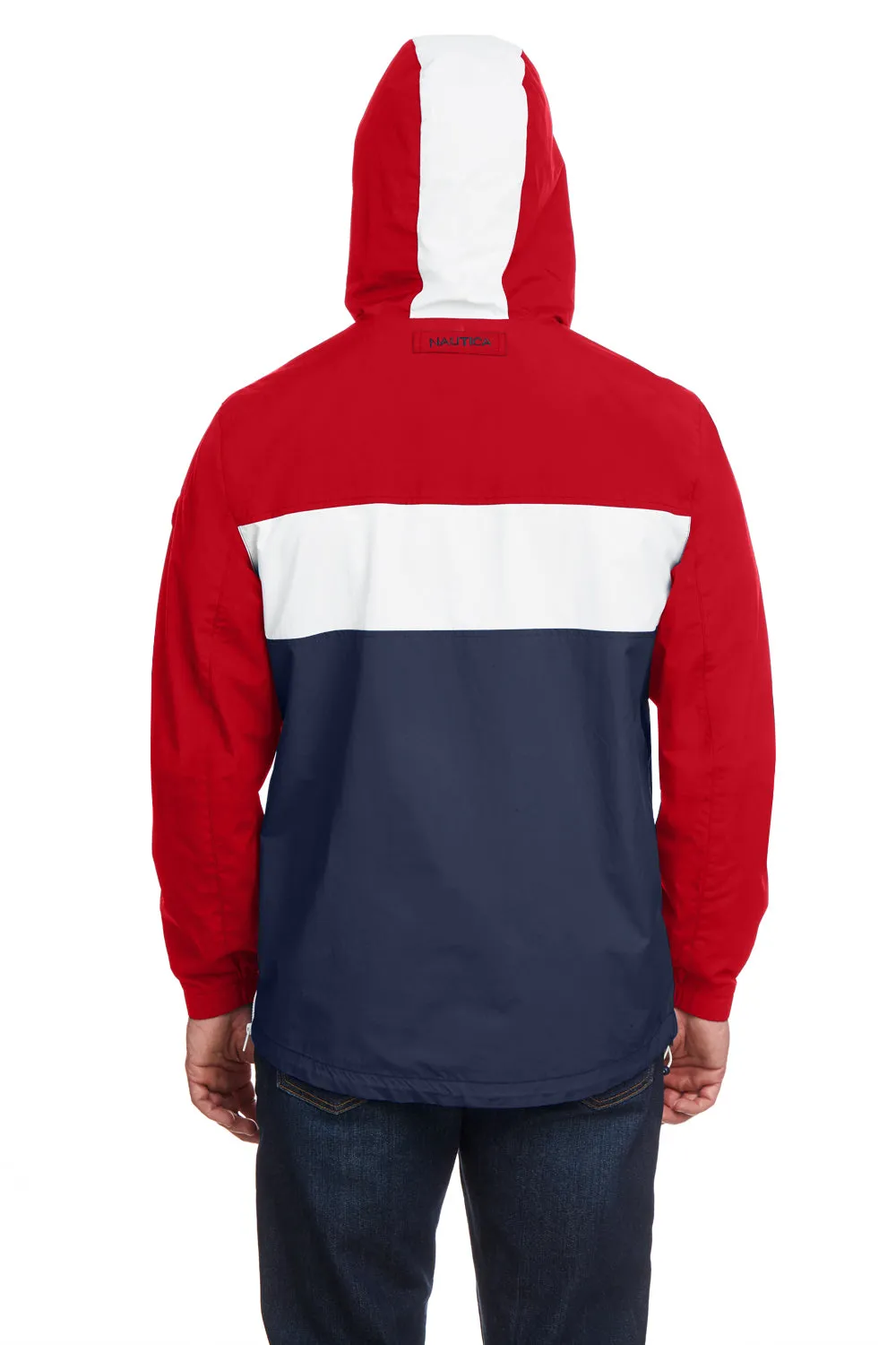 Nautica Mens Windward Wind & Water Resistant 1/4 Zip Hooded Jacket - Red/Navy Blue/White