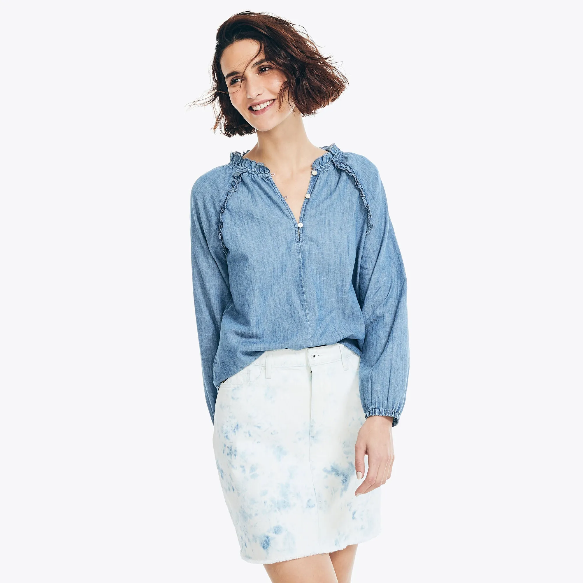 Nautica Women's Denim Ruffle Popover Top Bright Cobalt Nautica