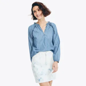 Nautica Women's Denim Ruffle Popover Top Bright Cobalt Nautica