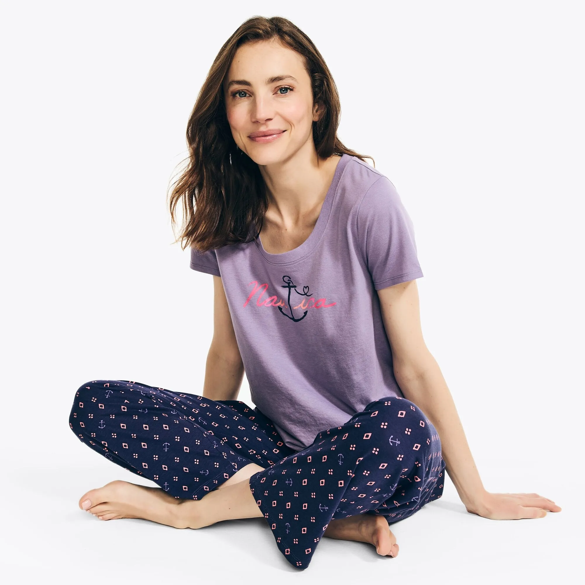 Nautica Women's Floral Print Pajama Pant Set Distressed Blue Wash Nautica