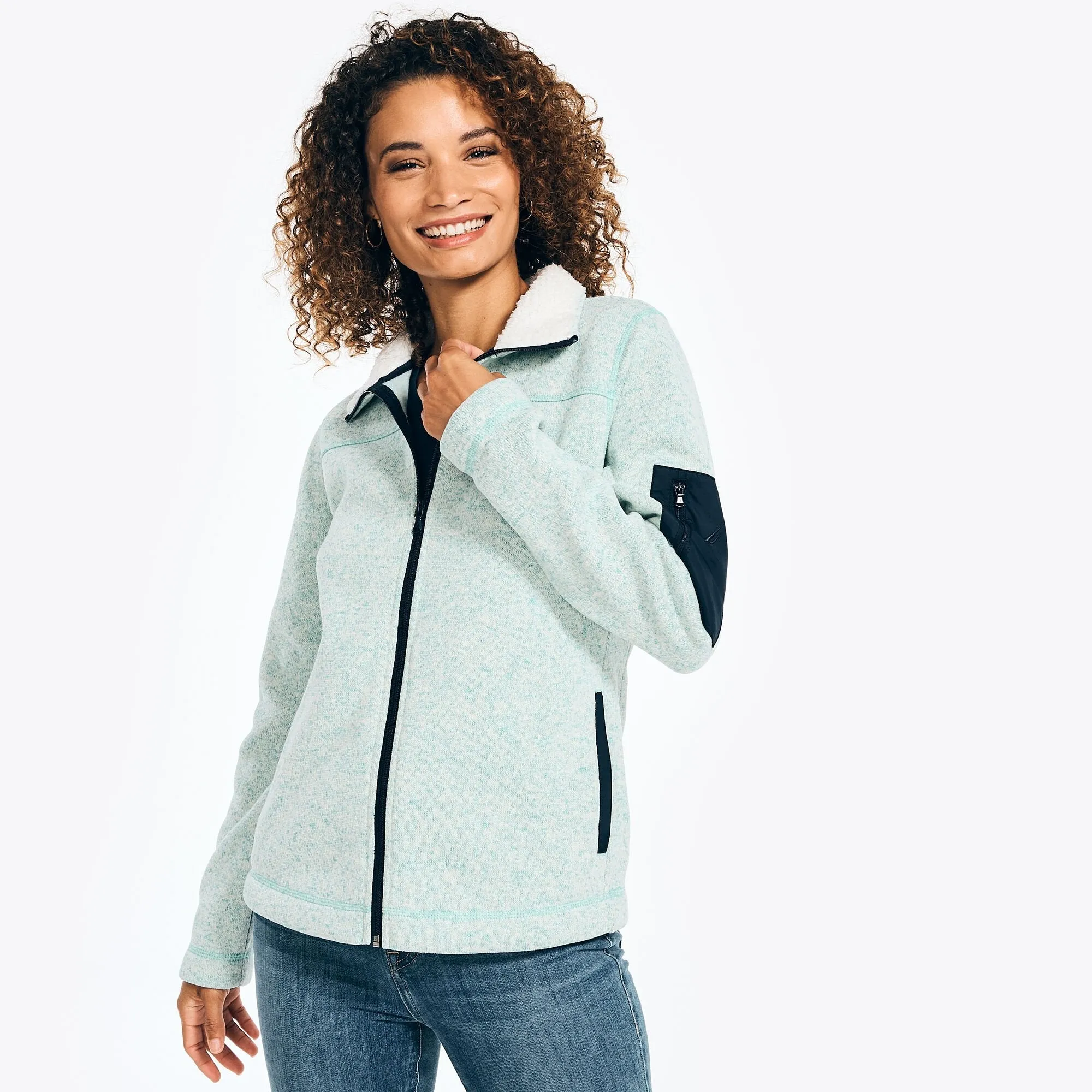 Nautica Women's Mock-Neck Fleece Jacket Light Tide Water Wash Nautica