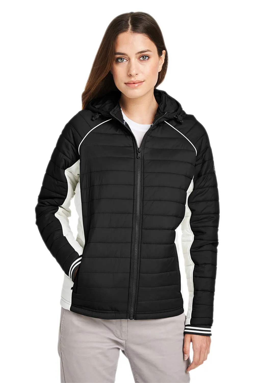 Nautica Womens Nautical Mile Wind & Water Resistant Packable Full Zip Hooded Puffer Jacket - Black/Antique White  BEST on sale Clothing Nautica