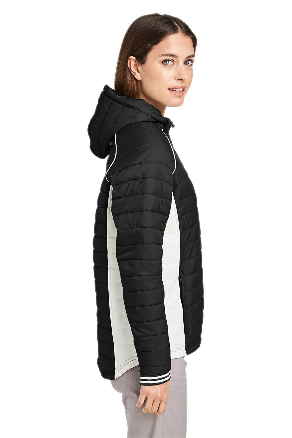 Nautica Womens Nautical Mile Wind & Water Resistant Packable Full Zip Hooded Puffer Jacket - Black/Antique White  BEST on sale Clothing Nautica