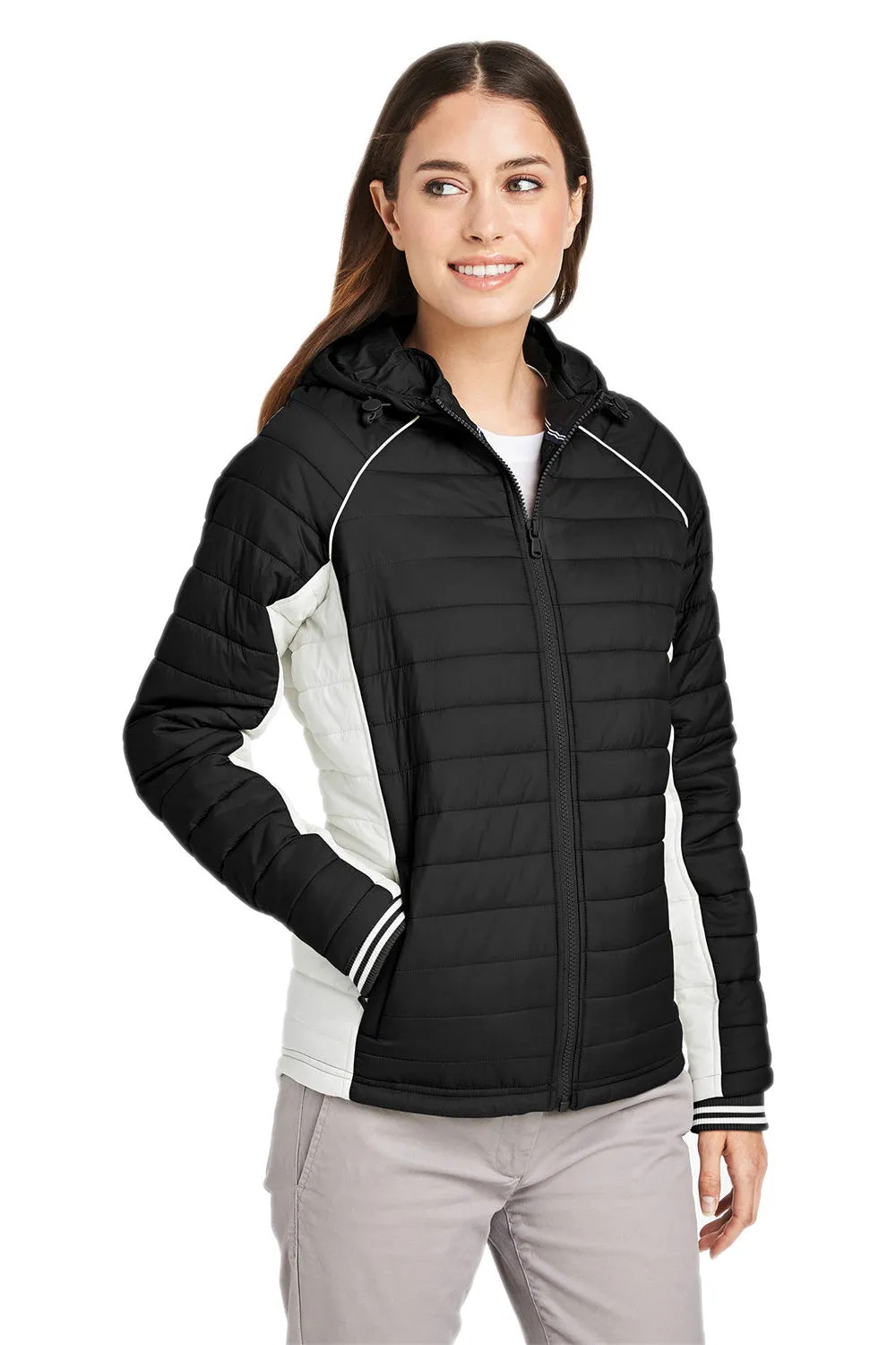 Nautica Womens Nautical Mile Wind & Water Resistant Packable Full Zip Hooded Puffer Jacket - Black/Antique White  BEST on sale Clothing Nautica