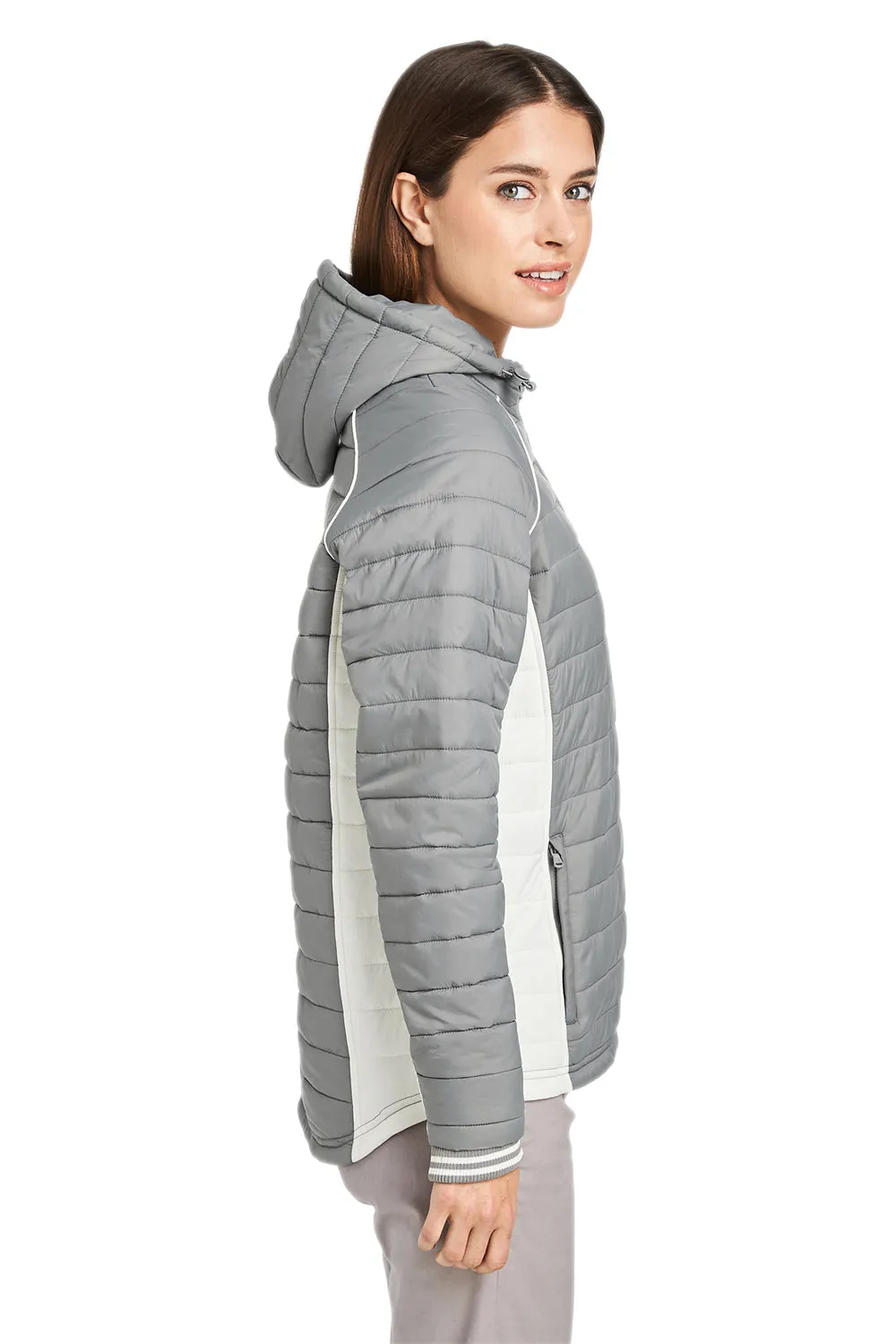 Nautica Womens Nautical Mile Wind & Water Resistant Packable Full Zip Hooded Puffer Jacket - Graphite Grey/Antique White