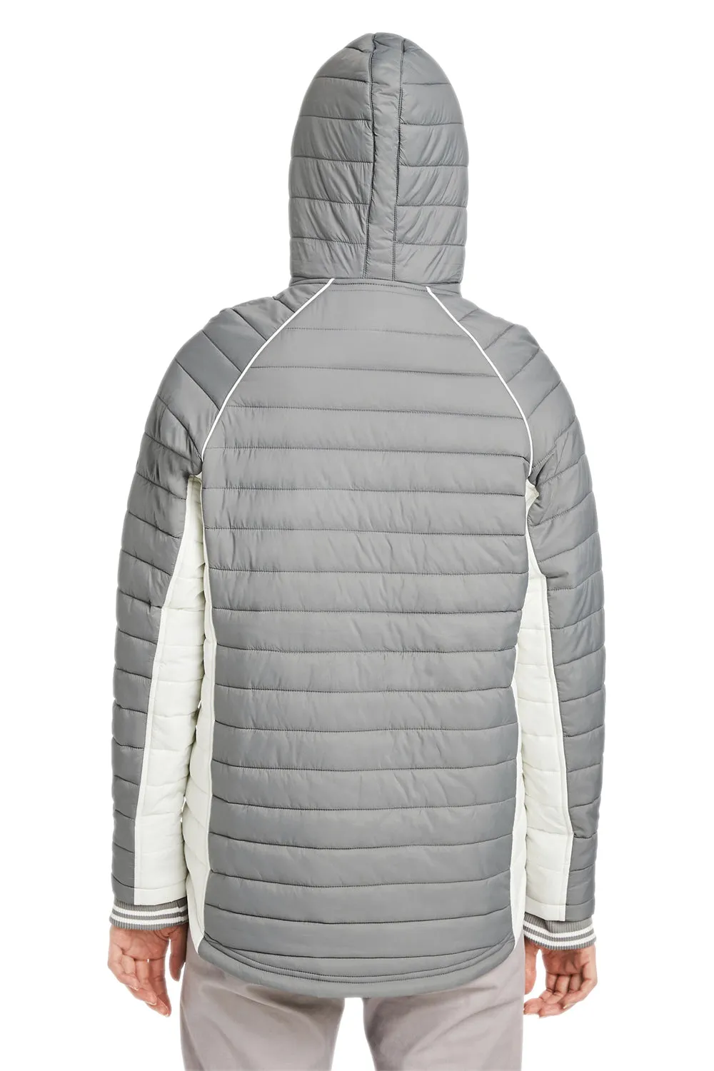 Nautica Womens Nautical Mile Wind & Water Resistant Packable Full Zip Hooded Puffer Jacket - Graphite Grey/Antique White