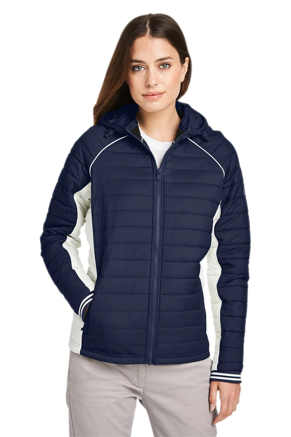 Nautica Womens Nautical Mile Wind & Water Resistant Packable Full Zip Hooded Puffer Jacket - Night Navy Blue/Antique White