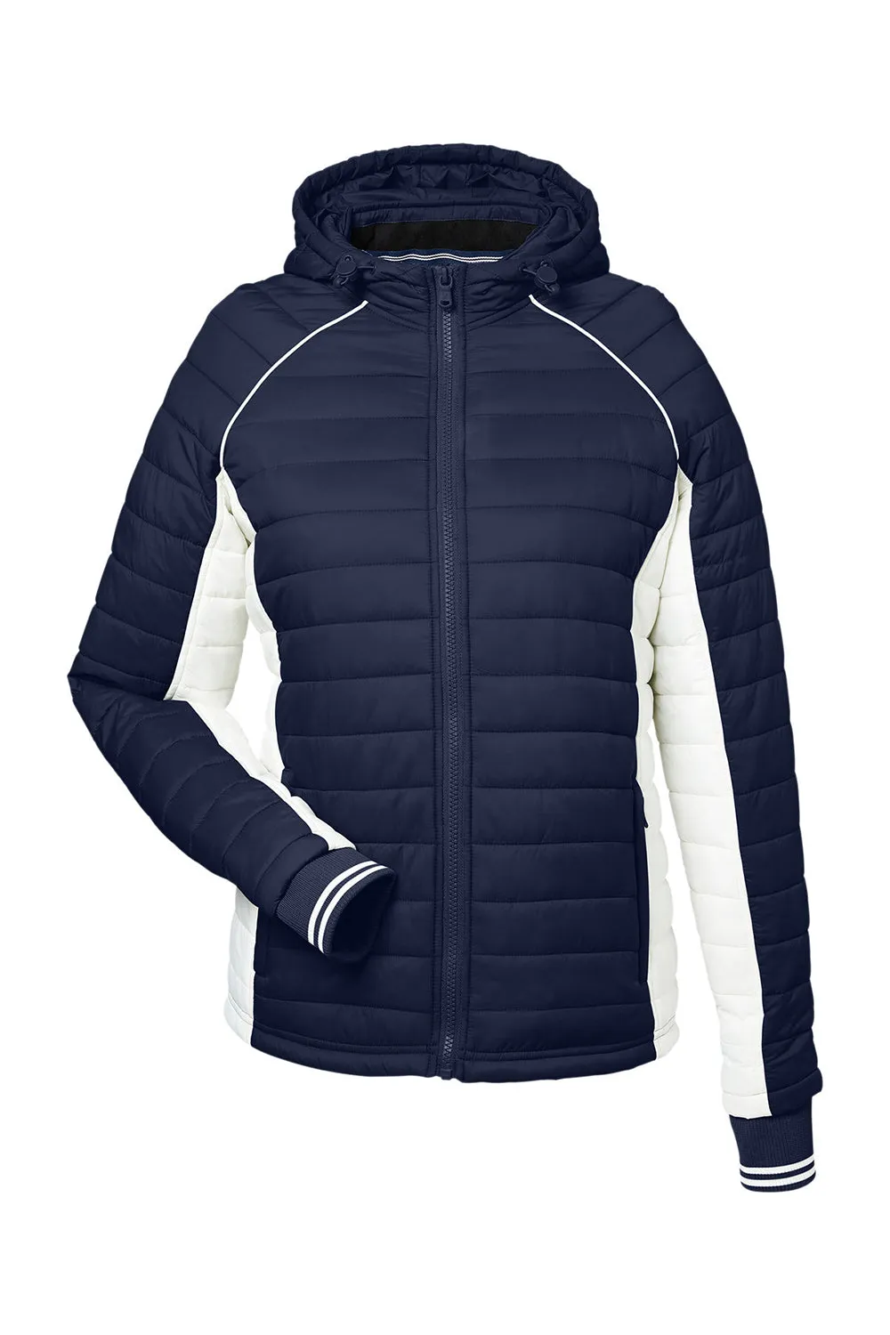 Nautica Womens Nautical Mile Wind & Water Resistant Packable Full Zip Hooded Puffer Jacket - Night Navy Blue/Antique White