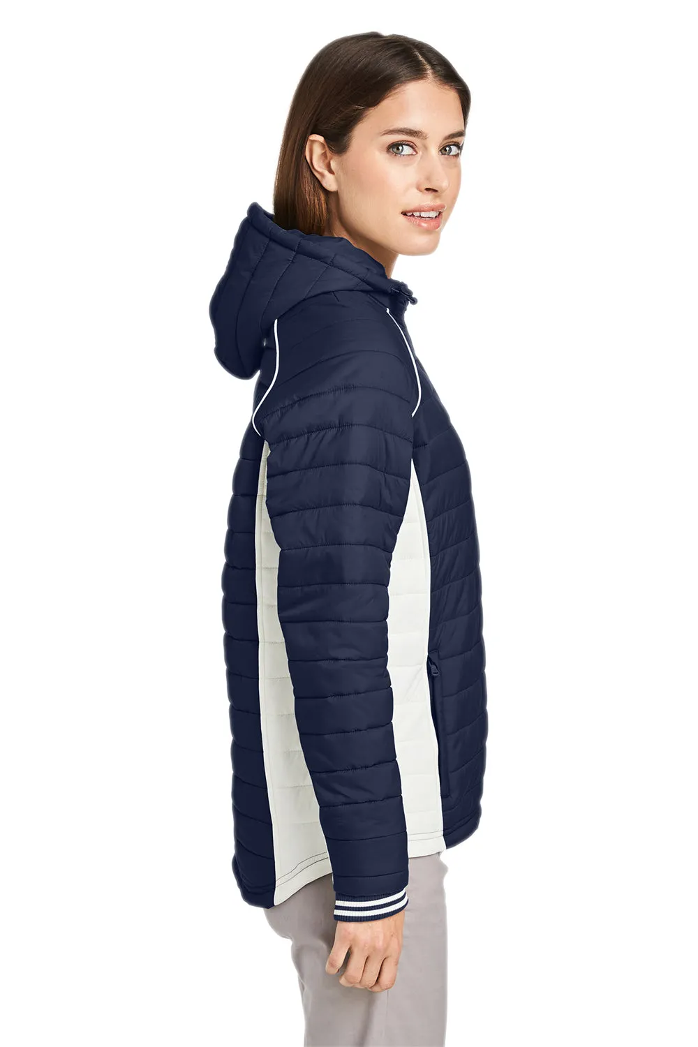 Nautica Womens Nautical Mile Wind & Water Resistant Packable Full Zip Hooded Puffer Jacket - Night Navy Blue/Antique White