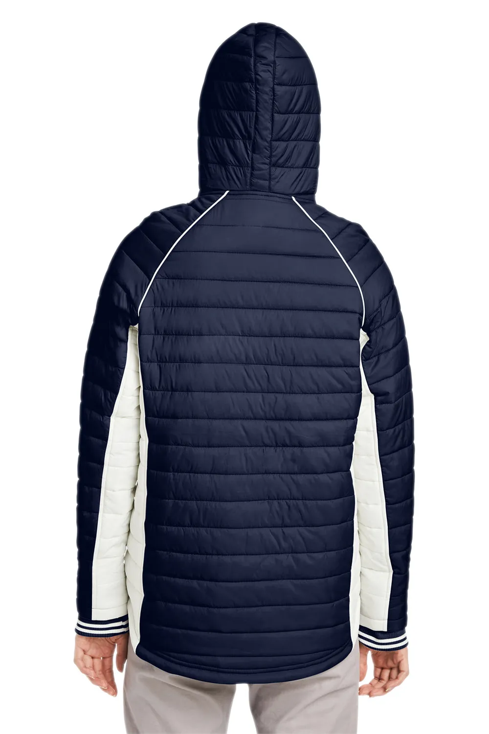 Nautica Womens Nautical Mile Wind & Water Resistant Packable Full Zip Hooded Puffer Jacket - Night Navy Blue/Antique White