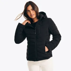 Nautica Women's Packable Short Puffer Jacket With Hood True Black Nautica