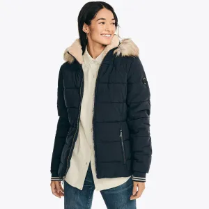 Nautica Women's Short Puffer Jacket With Removable Hood Stellar Blue Heather Nautica