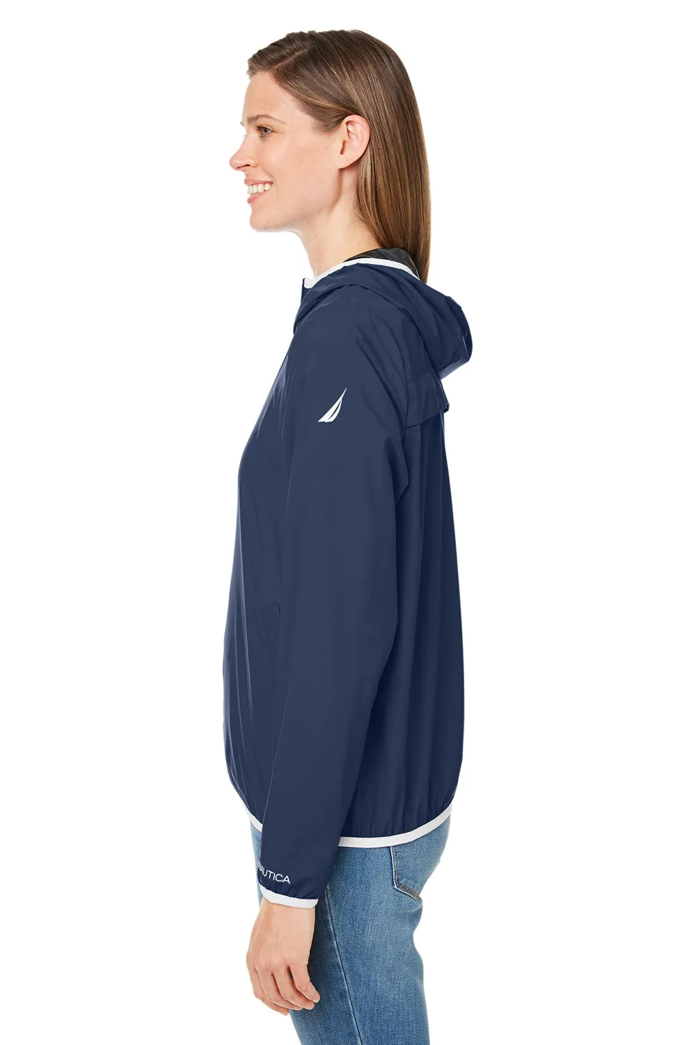 Nautica Womens Stillwater Water Resistant Full Zip Hooded Windbreaker Jacket - Navy Blue