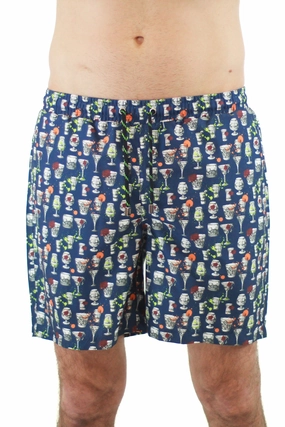 Navy with Cocktails Print mens beach swimwear, quick dry mens swimsuits