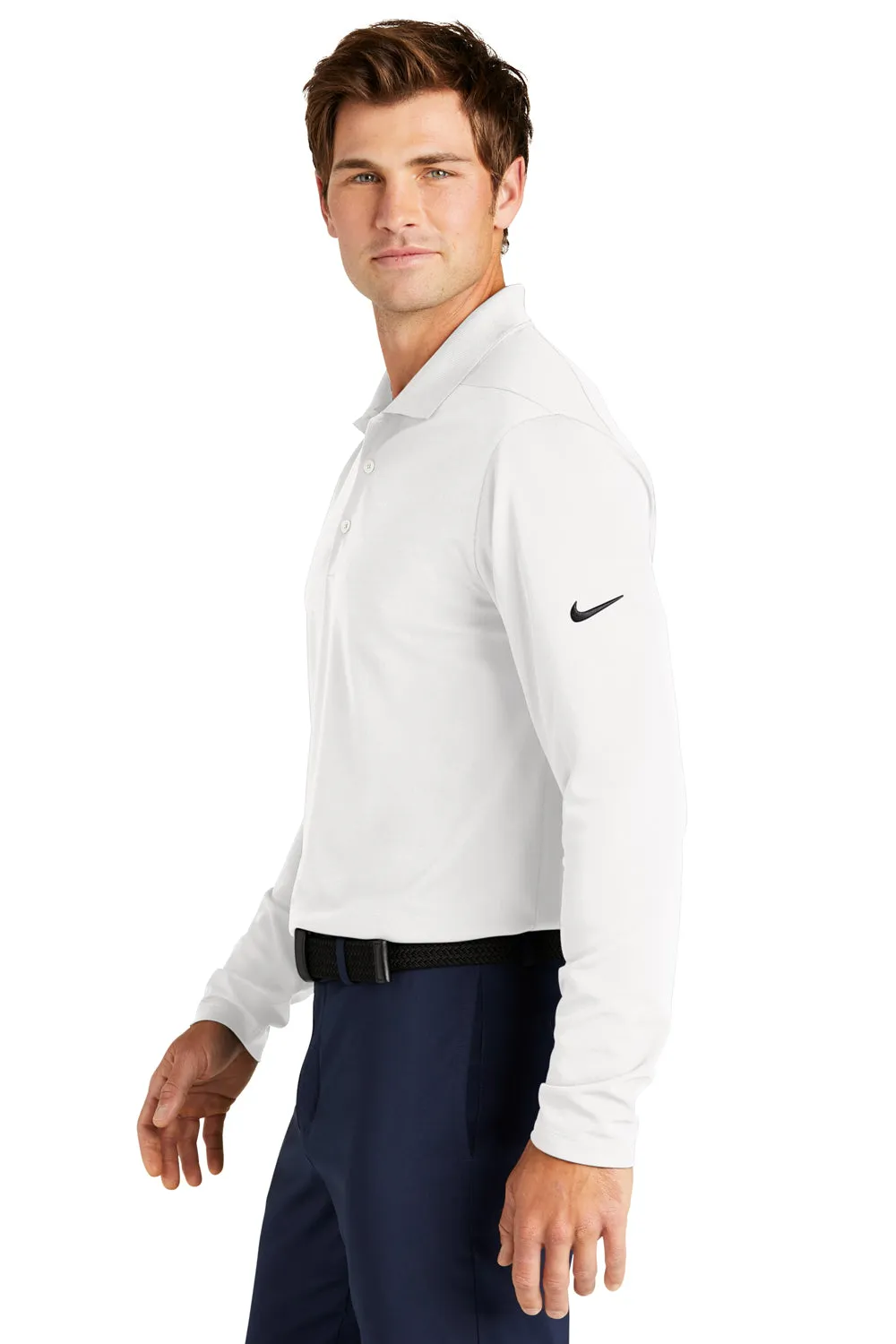 Nike Mens Dri-Fit Moisture Wicking Micro Pique 2.0 Long Sleeve Polo Shirt - White