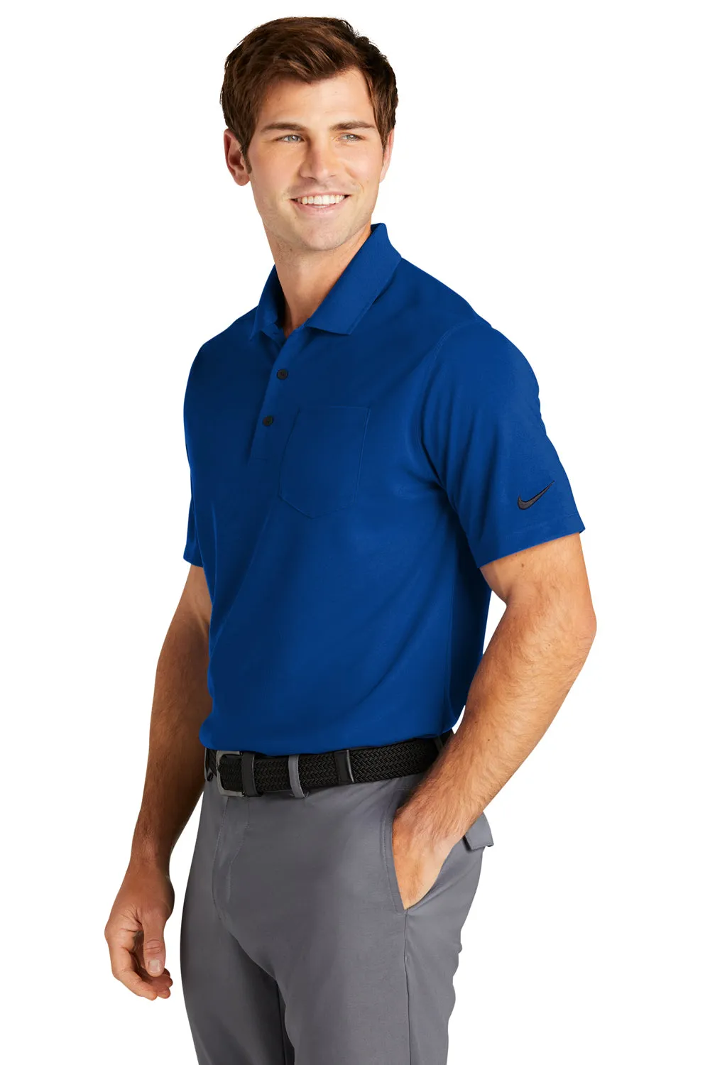 Nike Mens Dri-Fit Moisture Wicking Micro Pique 2.0 Short Sleeve Polo Shirt w/ Pocket - Gym Blue