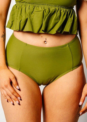 Olive Green | Mid-Rise Bottoms elastic waistband swim bottoms, mix-and-match bikini bottoms