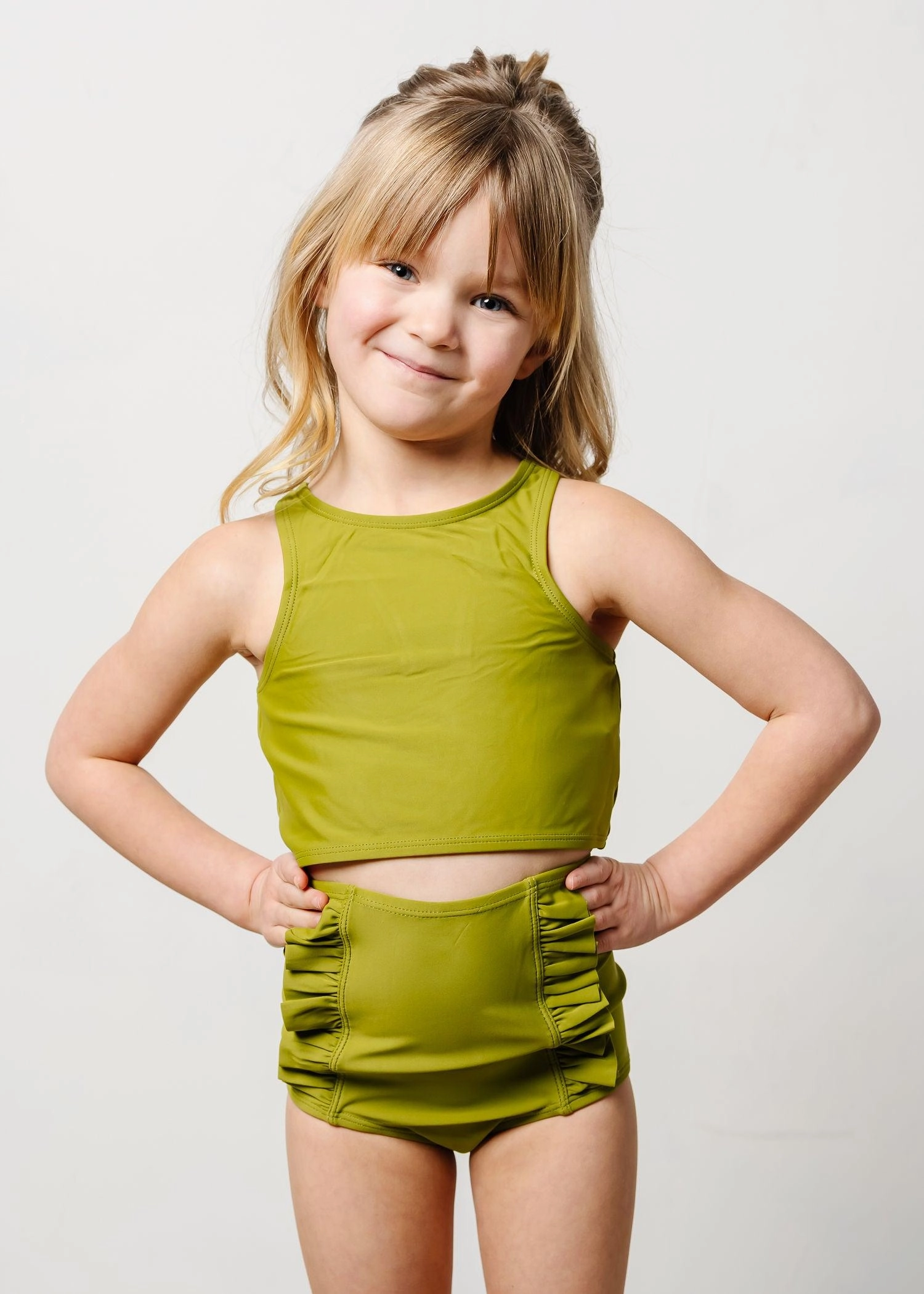 Olive Green | Mini Down in Front Ruffle Bottoms cute girls swimsuits, stylish swimwear for girls