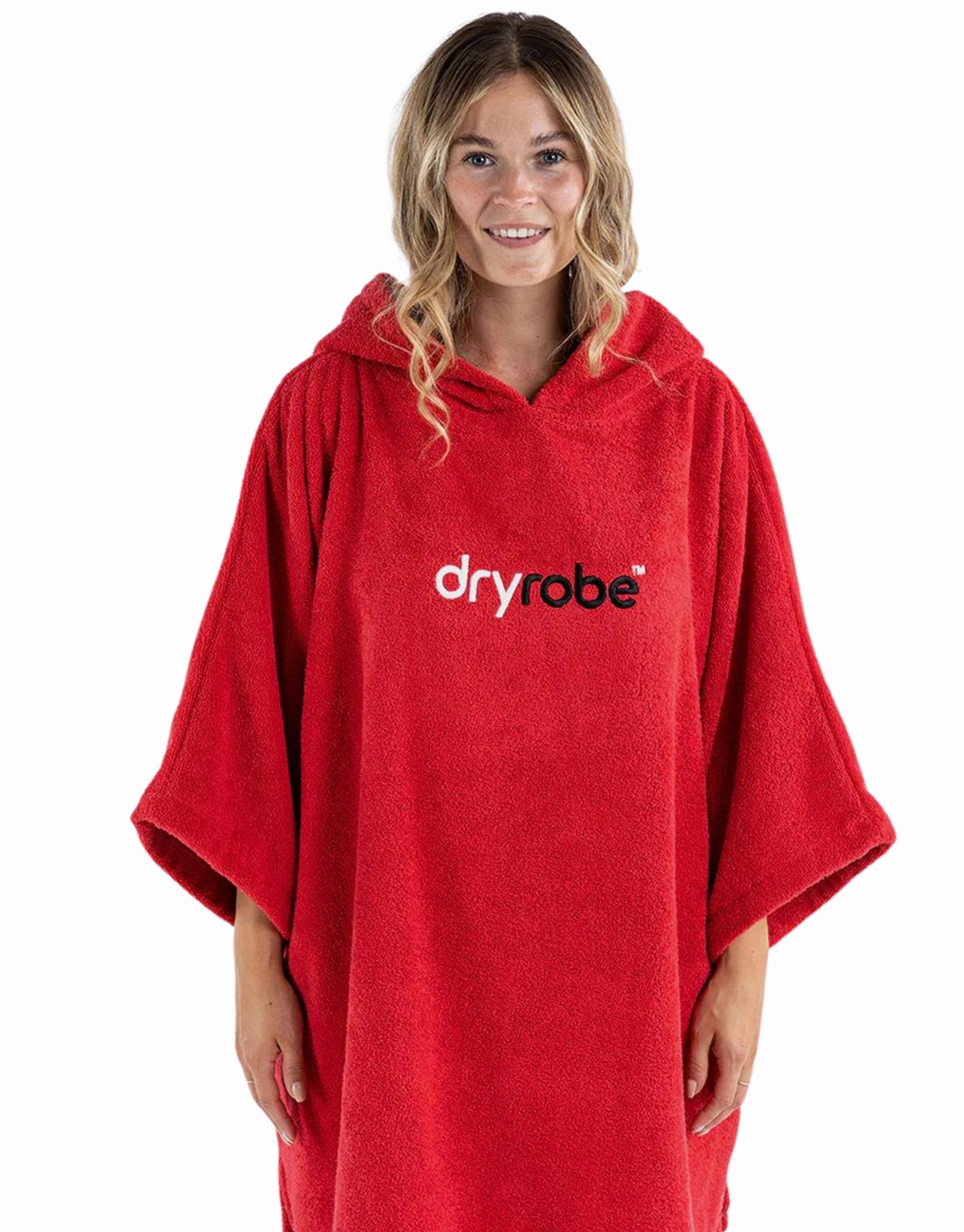 Organic Cotton Short Sleeve Adult Towel Poncho - Red dryrobe changing robes, waterproof dryrobe swim gear