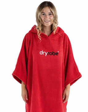 Organic Cotton Short Sleeve Adult Towel Poncho - Red dryrobe changing robes, waterproof dryrobe swim gear