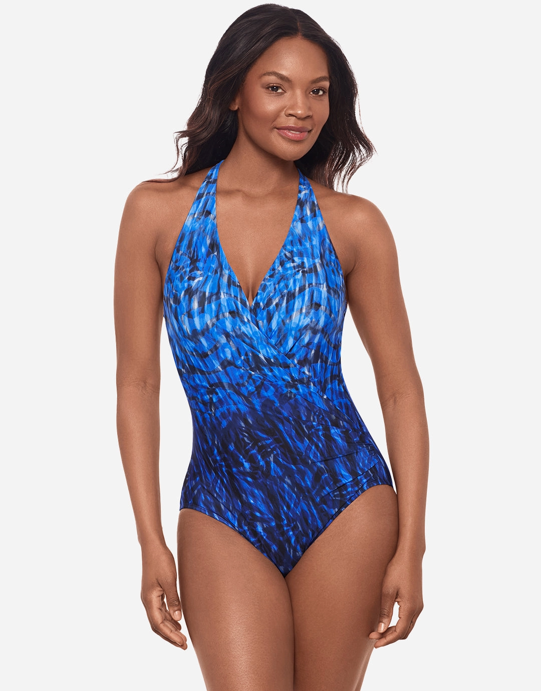 Paka Mayan Wrapsody Swimsuit - Blue/Black womens resort swimwear, flattering one-piece swimsuits