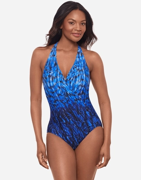 Paka Mayan Wrapsody Swimsuit - Blue/Black womens resort swimwear, flattering one-piece swimsuits