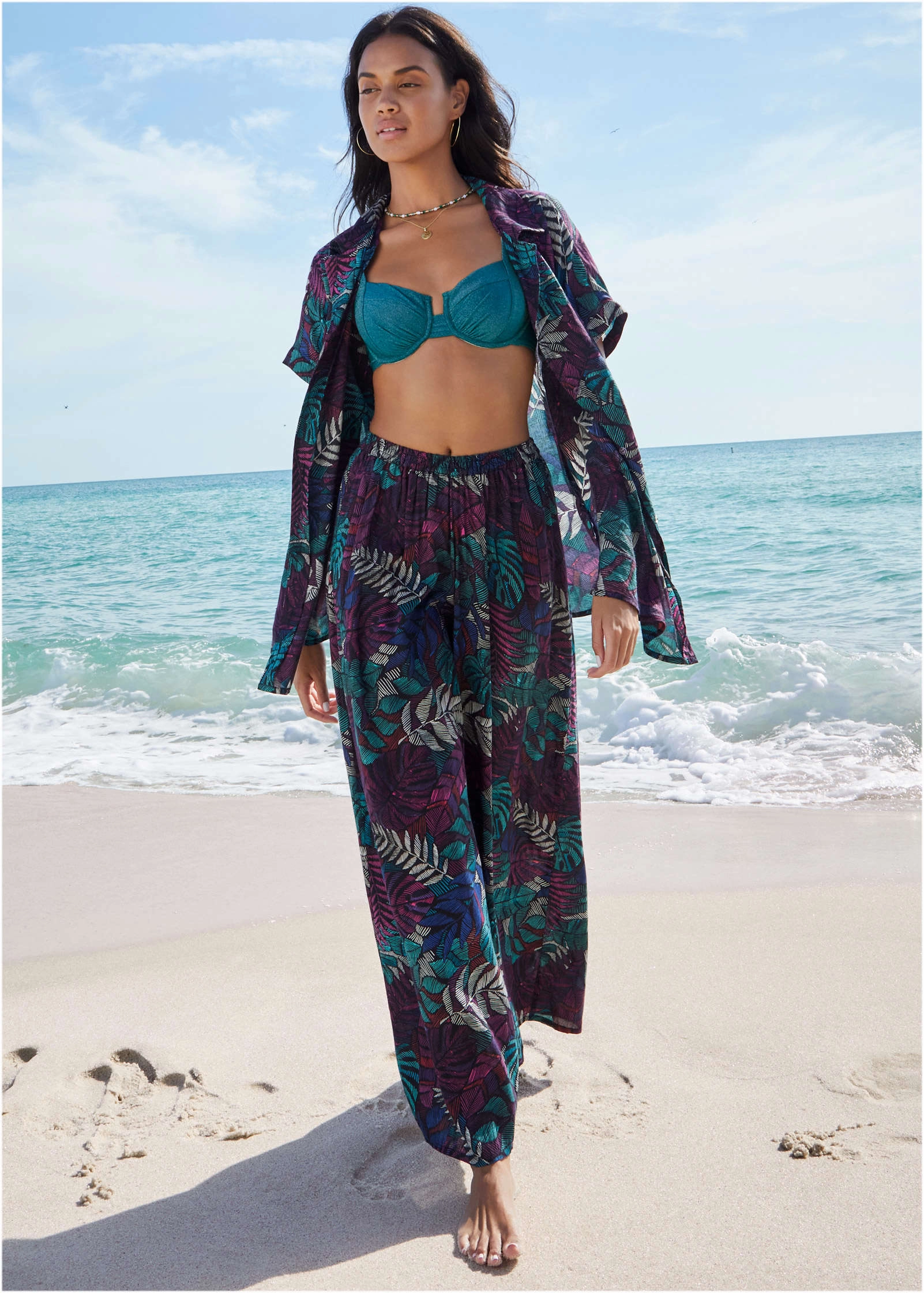 Palazzo Cover-Up Pant - Tropical Leaves
