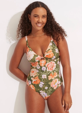 Paradise Garden Tab Front One Piece - Avocado slimming one piece swimsuits, fashionable one piece suits