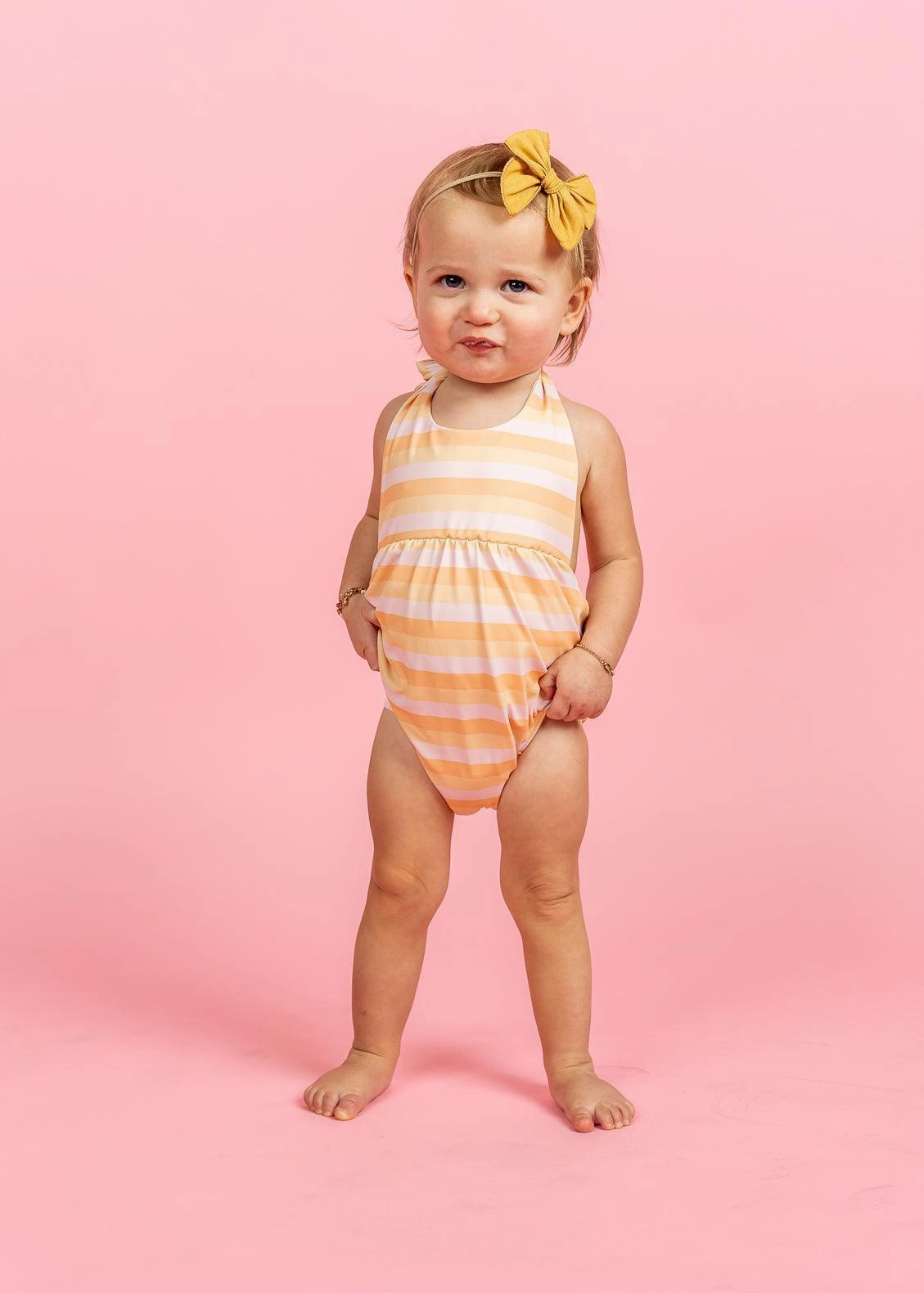 Peachy Stripe | Baby Romper One-Piece cute girls swimsuits, stylish swimwear for girls