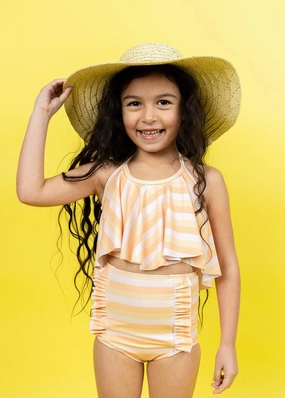 Peachy Stripe | Mini Down in Front Ruffle Bottoms cute girls swimsuits, stylish swimwear for girls