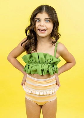 Peachy Stripe | Mini Mid-Ruffle Bottoms cute girls swimsuits, stylish swimwear for girls