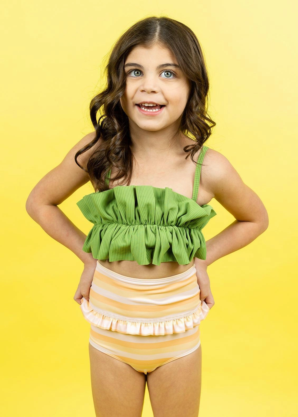 Peachy Stripe | Mini Mid-Ruffle Bottoms cute girls swimsuits, stylish swimwear for girls