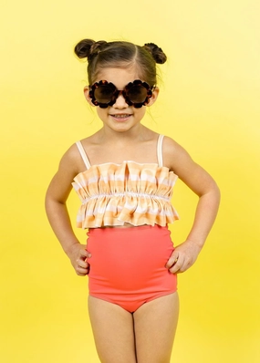 Peachy Stripe | Mini Oversized Ruffle Top cute girls swimsuits, stylish swimwear for girls