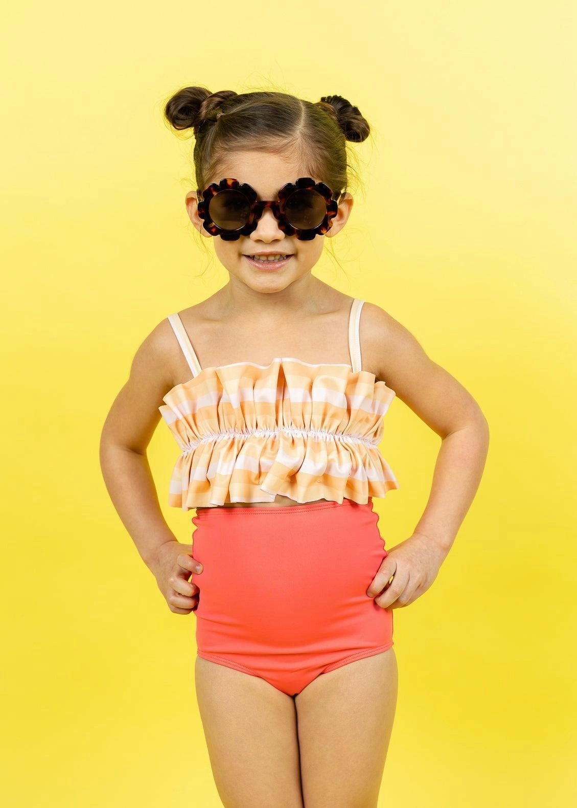 Peachy Stripe | Mini Oversized Ruffle Top cute girls swimsuits, stylish swimwear for girls