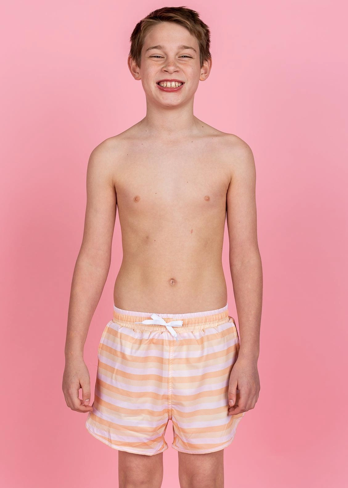Peachy Stripe | Youth Retro Shorties boys summer swimwear, boys rash guard swim sets