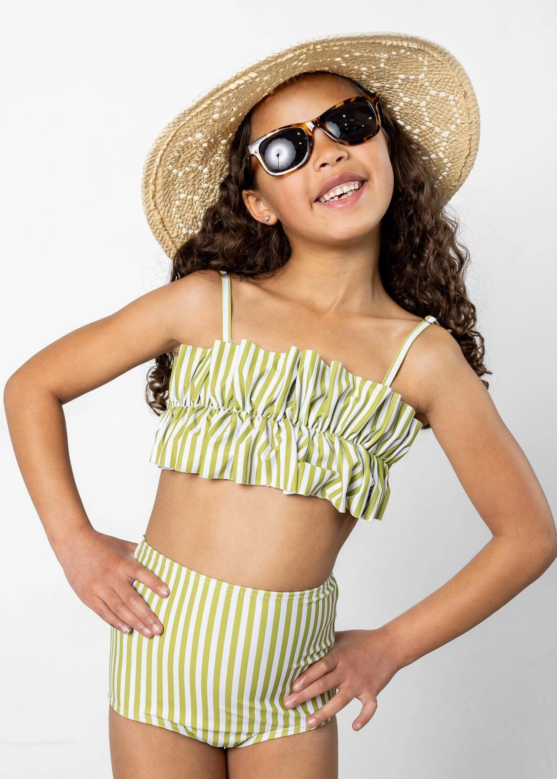 Pear Stripes | Mini High-Waisted Bottoms cute girls swimsuits, stylish swimwear for girls