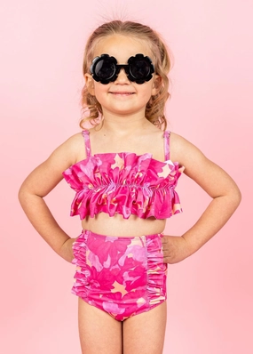 Pink Blooms | Mini Down in Front Ruffle Bottoms cute girls swimsuits, stylish swimwear for girls