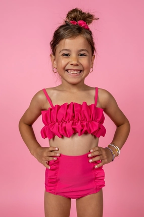 Pink Raspberry | Mini Down in Front Ruffle Bottoms cute girls swimsuits, stylish swimwear for girls