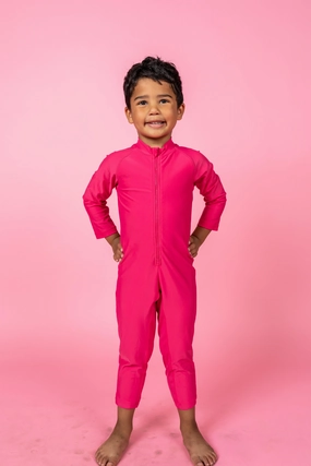 Pink Raspberry | Mini Rashguard One-Piece (Unisex) boys summer swimwear, boys rash guard swim sets