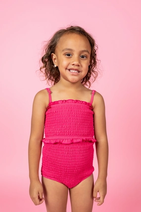 Pink Raspberry | Mini Smocked Bottoms cute girls swimsuits, stylish swimwear for girls