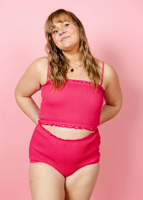 Pink Raspberry | Smocked Bottoms elastic waistband swim bottoms, mix-and-match bikini bottoms